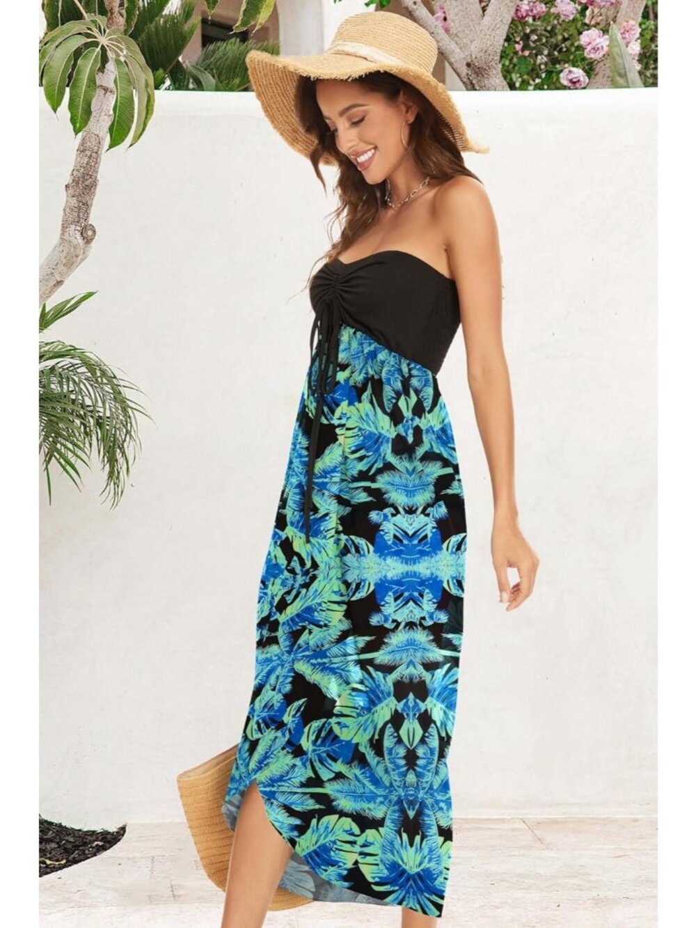 Women's Black Light Blue Cover Ups Strapless Beach Asymmetrical Maxi Dress - Picture 4 of 6